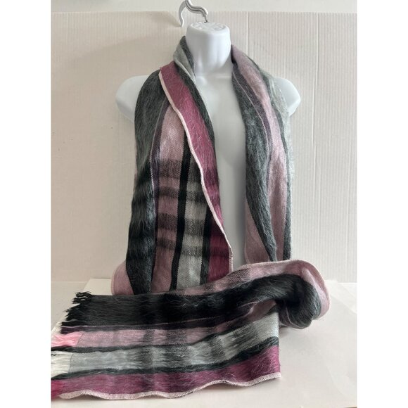 Shupacka Alpaca Blend Scarf Pink Gray Stripe Fuzzy Soft Warm Frayed Edges - Picture 2 of 7